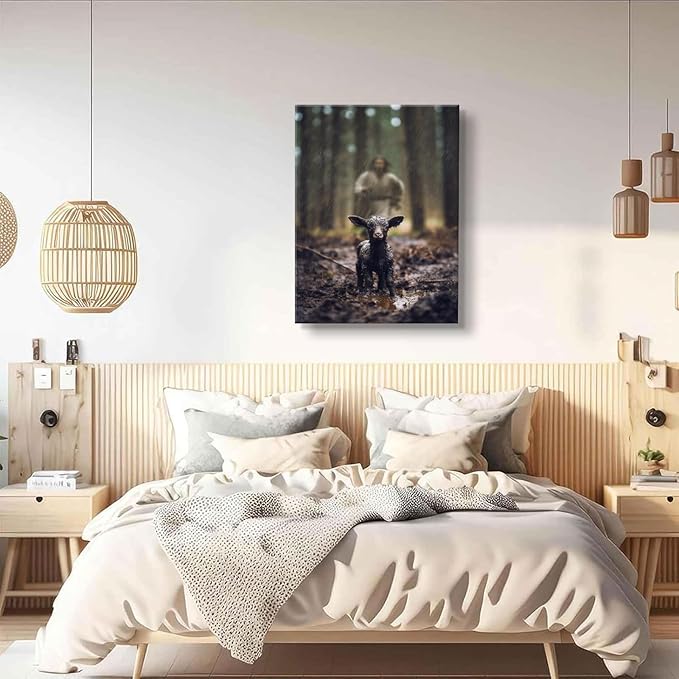 Jesus and Lamb Wall Art Jesus Running After Lost Lamb Picture Wall Art Christian Inspirational sheep of god Wall Decor god Saves the amb a lost sheep for Living Room Bedroom Church（12x16in Canvas）