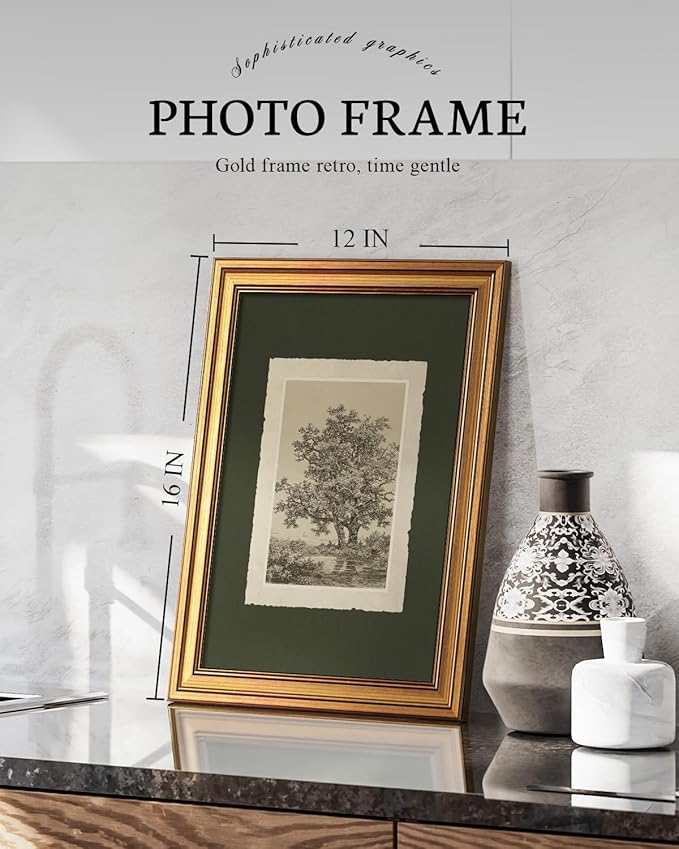 VIYYIEA Vintage Gold Framed Wall Art, Oak Tree Forest Landscape Painting Canvas Prints, Green Gray Tree Natural Sketch Picture, Moody Rustic Farmhouse Artwork for Living Room Bedroom Bathroom, 12x16inch