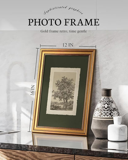 VIYYIEA Vintage Gold Framed Wall Art, Oak Tree Forest Landscape Painting Canvas Prints, Green Gray Tree Natural Sketch Picture, Moody Rustic Farmhouse Artwork for Living Room Bedroom Bathroom, 12x16inch