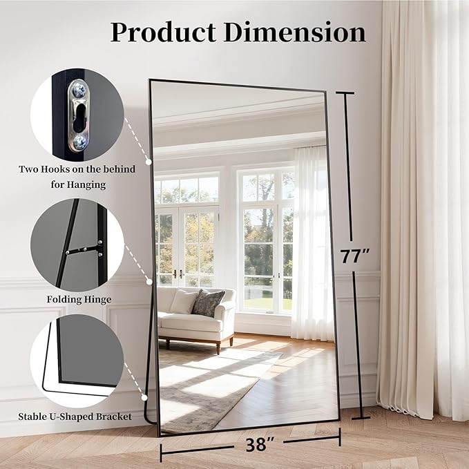 Full Length Mirror, 77"x38" Large Floor Mirror with Stand, Tall Full Body Mirrors for Bedroom, Hanging Mounted for Living Room Cloakroom, Aluminum Alloy Frame, Black