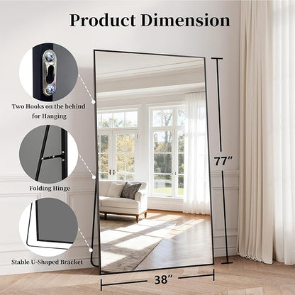 Full Length Mirror, 77"x38" Large Floor Mirror with Stand, Tall Full Body Mirrors for Bedroom, Hanging Mounted for Living Room Cloakroom, Aluminum Alloy Frame, Black