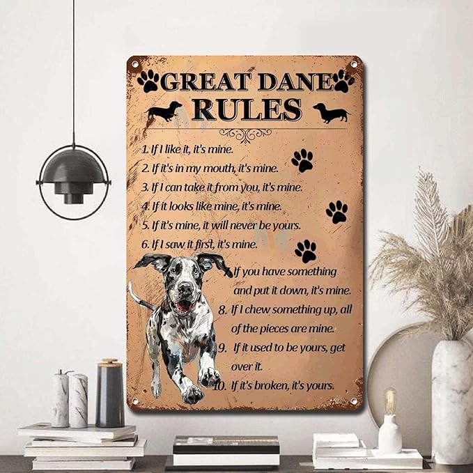 Metal Sign Tin Sign Vintage Wall Art Great Dane Rules Restroom Tin Sign for Pub 8×12 Inches
