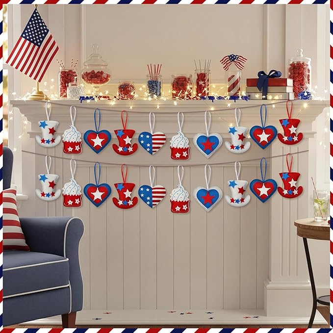 Soulchen 12 Pcs Red Blue White Ornaments Patriotic Fabric Hanging Ornaments 4th of July Stuffed Heart Star Hat Ice Cream Decor for 250th Anniversary Memorial Independence Day Farmhouse Party