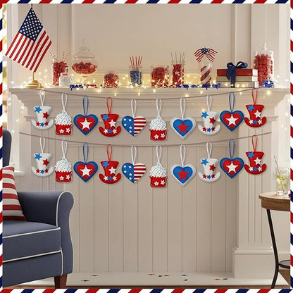Soulchen 12 Pcs Red Blue White Ornaments Patriotic Fabric Hanging Ornaments 4th of July Stuffed Heart Star Hat Ice Cream Decor for 250th Anniversary Memorial Independence Day Farmhouse Party