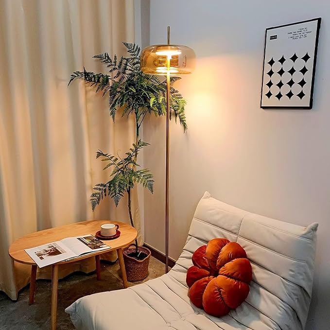 MIXL-Hand-Blown Glass Floor Lamp with Sturdy Base,Minimalist Amber Bedside Lamp with Round Shade,Nordic Style Tall Lamp for Reading Study Room and Dining Room