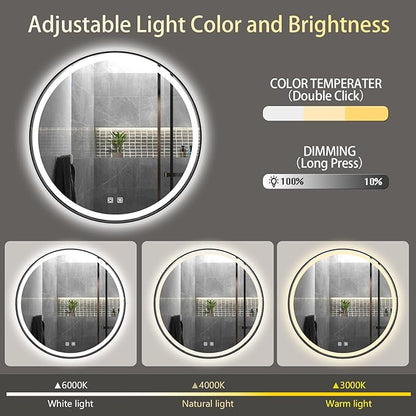 Itrue 36 Inch LED Bathroom Round Mirror, Black Metal Frame, Adjustable Color Temp & Brightness,Anti-Fog,Shatter-Proof Tempered Vanity Mirror for Wall
