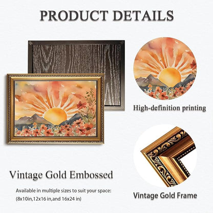 WZGZXU Gold Framed Wall Art Boho Wall Decor Sunset Canvas Art Sun Pictures Wildflower Paintings Landscape Prints Watercolor Artwork For Living Room Bedroom Office