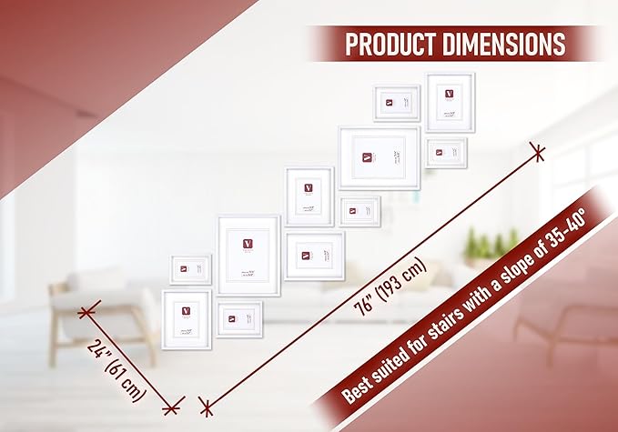 VELISTA 11 Piece Stair Picture Frame Set for Wall – Shadow Box Stairwell Gallery Wall Frame Set -Stairway Décor for Walls - Ladder Picture Frames 4x6, 5x7, and 8x10 in - Staircase Wall Décor (White)