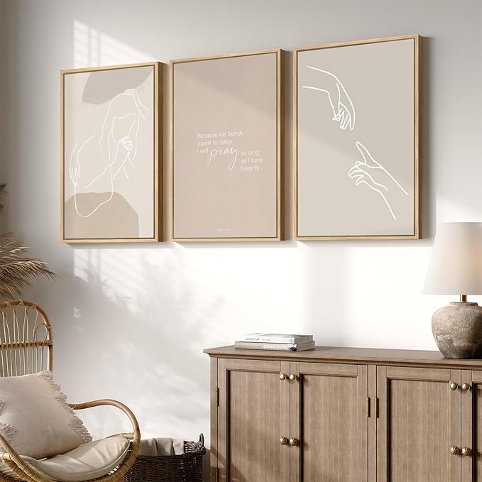Framed Christian Wall Art Set of 3, Minimalist Neutral Beige Scripture Prints, Psalm 116:2 Modern Line Artwork for Living Room Bedroom Office Prayer Room, 16x24 Inch