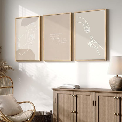 Framed Christian Wall Art Set of 3, Minimalist Neutral Beige Scripture Prints, Psalm 116:2 Modern Line Artwork for Living Room Bedroom Office Prayer Room, 16x24 Inch