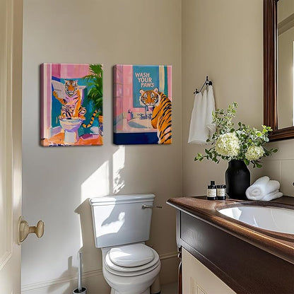 Funny Tiger Bathroom Wall Art Set of 3 Whimsical Tiger in Bathtub Canvas Wall Decor Painting Maximalist Animal Bathroom Poster Print Aesthetic 12x16 inch Framed