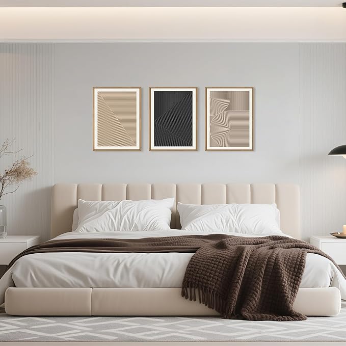 HPNIUB Abstract Neutral Framed Wall Art Set,Mid Century Modern Wall Decor,Boho Geometric Line Art Print,Beige Minimalist Textured Artwork for Living Room, Bedroom,Office-12 x16 x3