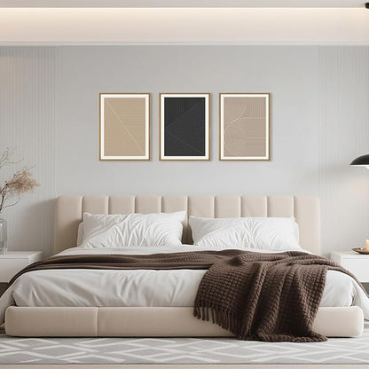 HPNIUB Abstract Neutral Framed Wall Art Set,Mid Century Modern Wall Decor,Boho Geometric Line Art Print,Beige Minimalist Textured Artwork for Living Room, Bedroom,Office-12 x16 x3