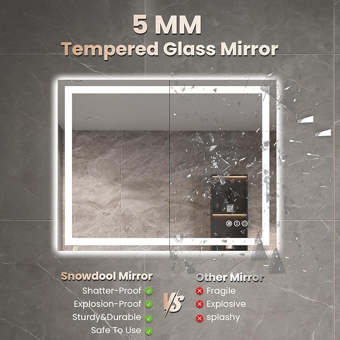 Snowdool 20"X28" LED Bathroom Mirror with Front Lights and Backlit, Anti-Fog, Dimmable, Shatter-Proof Tempered Glass, Lighted Bathroom Vanity Mirror for Wall with 3 Colors, Memory Function