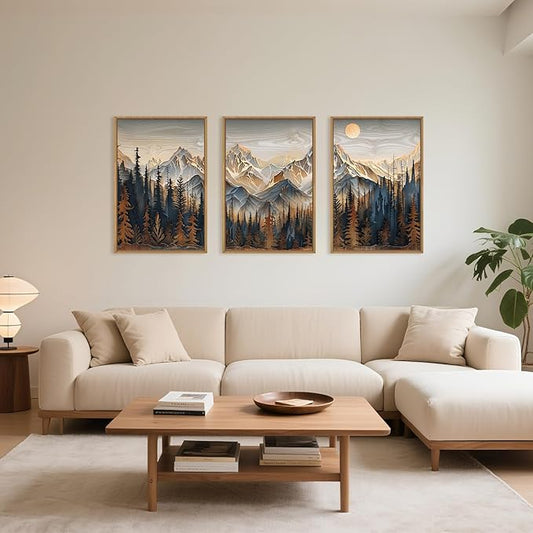 Mountain Wood Framed Canvas Wall Art Set,Rustic Pine Trees Wall Painting,Boho Ridge Scenery Wall Decor,Natural Sun Landscape Art Print for Living Room,Bedroom,Dining Room,Office-24 x36 x3