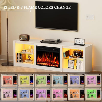 Kucreiheat 70'' TV Stand Fireplace-Entertainment Center with 23'' Fireplace, LED Light for 80 inch TV-White Fireplace Stand with Adjustable Glass Shelves, Modern TV Console for Living Room/Bedroom