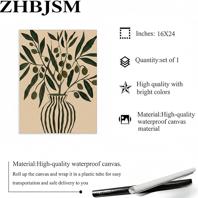 Olive Wall Art Boho Scandinavian Minimalist Modern Chic Trendy Ribbed Vase Olive Branch Neutral Earthy Tone Home Kitchen Living Room Entryway Calm Nature-Themed Stylish Decor 16x24 Inch Unframed