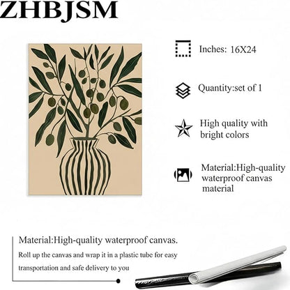Olive Wall Art Boho Scandinavian Minimalist Modern Chic Trendy Ribbed Vase Olive Branch Neutral Earthy Tone Home Kitchen Living Room Entryway Calm Nature-Themed Stylish Decor 16x24 Inch Unframed