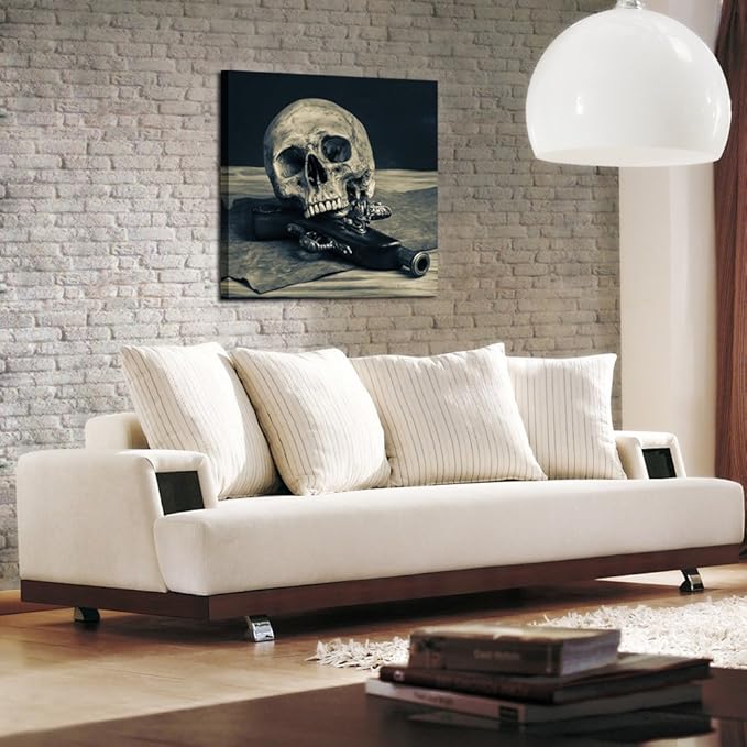 KREATIVE ARTS - Abstract Skull with a Gun Wall Art Canvas Painting Vintage Poster Prints Home Decor Wall Picture For Living Room Gift Hanging Wall Decor Picture 24x24inch