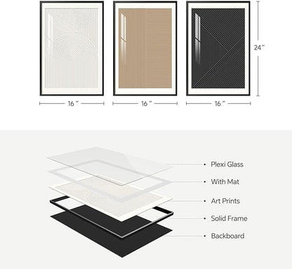 Framed Black and White Abstract Wall Art Bedroom, 3 Piece Neutral Modern Minimalist Canvas Artwork for Walls, Geometric Boho Pictures Prints for Living Room Dining Room Hallway Wall Decor, 16x24 Inch