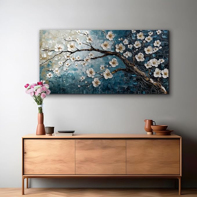crmotu Teal Tree Wall Art, Plum Blossom Extra Large Artwork, Chinoiserie Floral Canvas Botanical Prints, Blue Plant Modern Wall Pictures for Living Room Bedroom Office Farmhouse Cottage 29X57 Inches