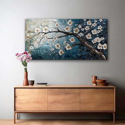 crmotu Teal Tree Wall Art, Plum Blossom Extra Large Artwork, Chinoiserie Floral Canvas Botanical Prints, Blue Plant Modern Wall Pictures for Living Room Bedroom Office Farmhouse Cottage 29X57 Inches