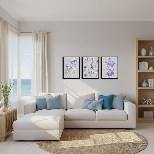 sechars Ocean Animal Wall Art Jellyfish Fish Sea Turtle Picture Prints Glam Blue and Grey Bathroom Decor Framed Artwork (Purple)
