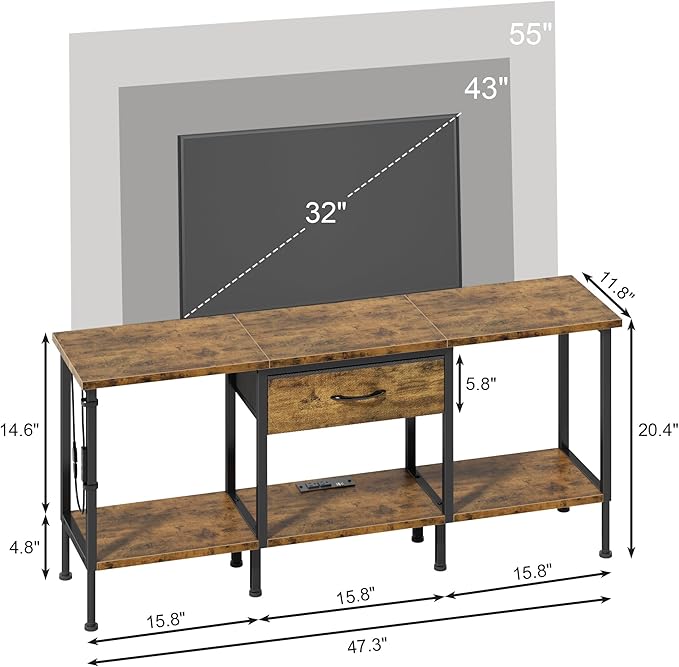 GYIIYUO LED TV Stand for 65 60 55 Inch TV, Entertainment Center with Power Outlet and Fabric Drawers, Industrial TV Console Table for Living Room Bedroom, 55" Rustic Brown