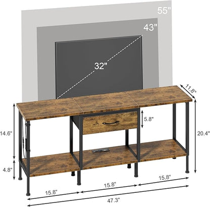 GYIIYUO LED TV Stand for 65 60 55 Inch TV, Entertainment Center with Power Outlet and Fabric Drawers, Industrial TV Console Table for Living Room Bedroom, 55" Rustic Brown