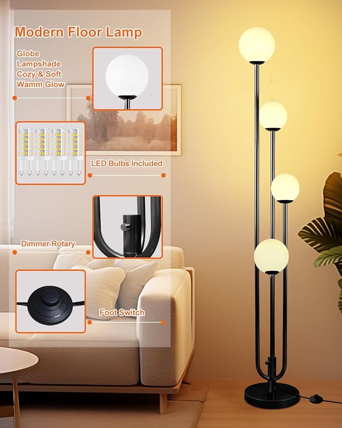 63IN 4-Light Dimmable Floor Lamp, Unique Black Tall Standing Lamps with Globe Shade &3000K Bulbs for Reading, Mid Century Modern Floor Lamp with 5Lbs Heavy Base for Living Room Bedroom Office