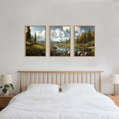 Watercolor Sage Green Mountain Woodland Framed Canvas Wall Art Set,Modern Wilderness River Grassland Wall Decor,Natural Rustic Forest Landscape Artwork for Living Room,Farmhouse- 24"x36"x3