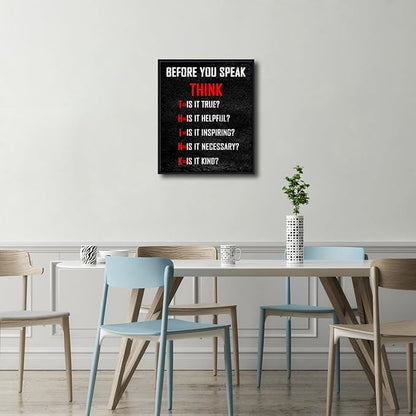 Pyradecor Large Inspirational Poster Black Framed Canvas Wall Art Motivational Think Before You Speak Classroom Positive Quotes for Office Home Decorations