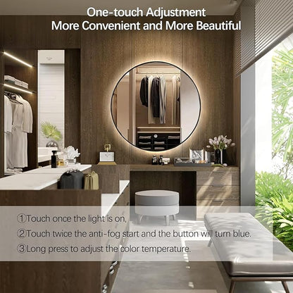 Niccy 30" LED Backlit Round Mirror for Bathroom, Black Framed Vanity Light Wall Mirror, LED Smart Circle Mirrors with 3 Lighting Colors, Round Lighted Mirror with Anti-Fog, IP65 Waterproof