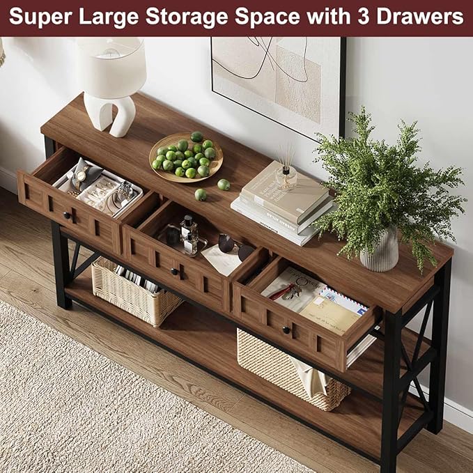 FATORRI Console Table for Entryway, Farmhouse Sofa Table with 3 Drawers for Living Room, Wood and Metal Hallway Tables with Storage and Couch Tables Behind Sofa (54.72 Inch Long, Medium Walnut)