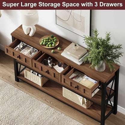 FATORRI Console Table for Entryway, Farmhouse Sofa Table with 3 Drawers for Living Room, Wood and Metal Hallway Tables with Storage and Couch Tables Behind Sofa (54.72 Inch Long, Medium Walnut)