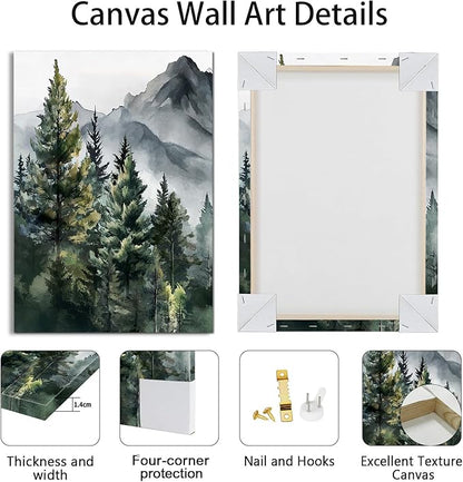 WANGTIAO 3 Panels Framed Canvas Wall Art for Living Room, Abstract Mountain Forest Views Ink Wall Decor for Dedroom Office Wall Paintings Green Landscape Art Prints Pictures Ready to Hang 12"x16"x3