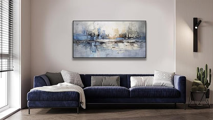 Abstract Wall Art Blue and White Reflection Large Size Framed Artwork Wall Decor Canvas Painting Stretched Canvas Wooden for Living Room Bedroom Office Home Decor Frame ready for hanging 31"x70"