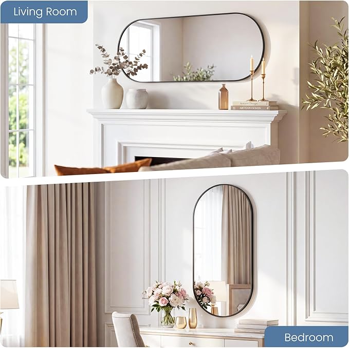 NEWBULIG 24" x 48" Oval Bathroom Mirror, Black Wall Mirror with Metal Frame, Tempered Glass, Morden Vanity Mirror for Over Sink, Entryway, Living Room, Bedroom, Horizontal or Vertical
