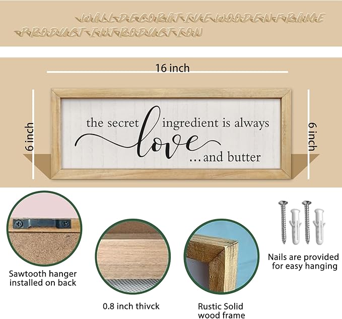 comurdyo Kitchen Wall Decor Simple The Secret Ingredient Is Always Love and Butter Sign 16"×6" Small Modern Farmhouse Dining Room Family Horizontal Hanging Wall Art (Wood)