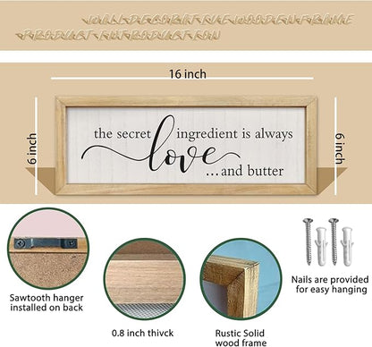 comurdyo Kitchen Wall Decor Simple The Secret Ingredient Is Always Love and Butter Sign 16"×6" Small Modern Farmhouse Dining Room Family Horizontal Hanging Wall Art (Wood)