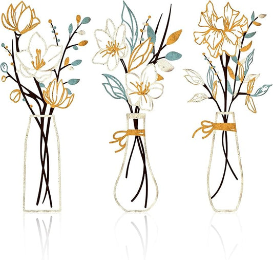 Zzbakress 3 Pcs Metal Flowers Wall Arts Rustic Farmhouse Decor Bathroom Wall Decor Metal Wall Decor for Living-room Dining-Room Kitchen Minimalist Decor Housewarming Gifts (Beige Gold)