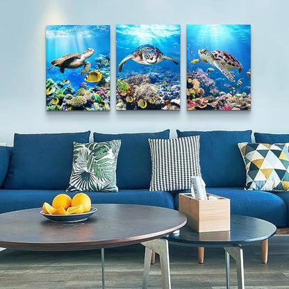 MHARTK66 Canvas Wall Decor - Modern Sea Turtle Wall Art, Ocean Pictures, 3 Piece Large Artwork for Bedroom, Living Room, Office, Bathroom