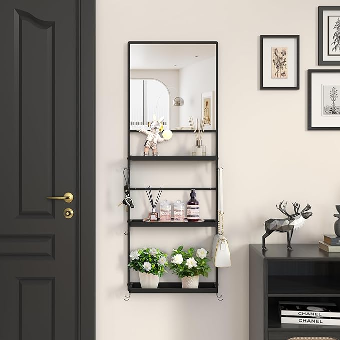 45" X 16" Black Wall Mirror with Shelf and Hooks, Rectangle Mirror for Wall, 3 Trays and 12 Removable Hooks,for Living Room, Hallway, Bedroom (Black-Square)