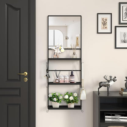 45" X 16" Black Wall Mirror with Shelf and Hooks, Rectangle Mirror for Wall, 3 Trays and 12 Removable Hooks,for Living Room, Hallway, Bedroom (Black-Square)
