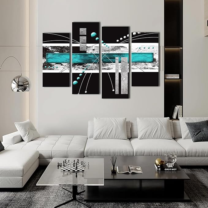 YPY Large Black Teal Canvas Wall Art - 4 Pieces Modern Abstract Picture Set for Home Decoration - Contemporary Painting Artwork for Living Room Bedroom 64x42