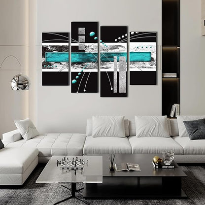 YPY Large Black Teal Canvas Wall Art - 4 Pieces Modern Abstract Picture Set for Home Decoration - Contemporary Painting Artwork for Living Room Bedroom 64x42