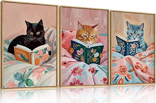 HPNIUB Cute Reading Cat Framed Wall Art Set,Funny Black Cat Animal Book Wall Decor,Vintage Colorful Pink Aesthetic Art Print Artwork for Nursery Girls Bedroom,Bathroom,Office-24''x36''x3
