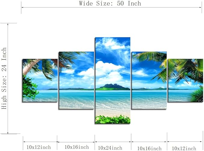 Beautiful Sky Palm Beach Paintings Modern Landscape 5 Panels Combination Set Wall Art Canvas Pictures for Home Decor Living Room Bedroom Posters and Prints Gallery-wrapped Stretched (50''W x 24''H)