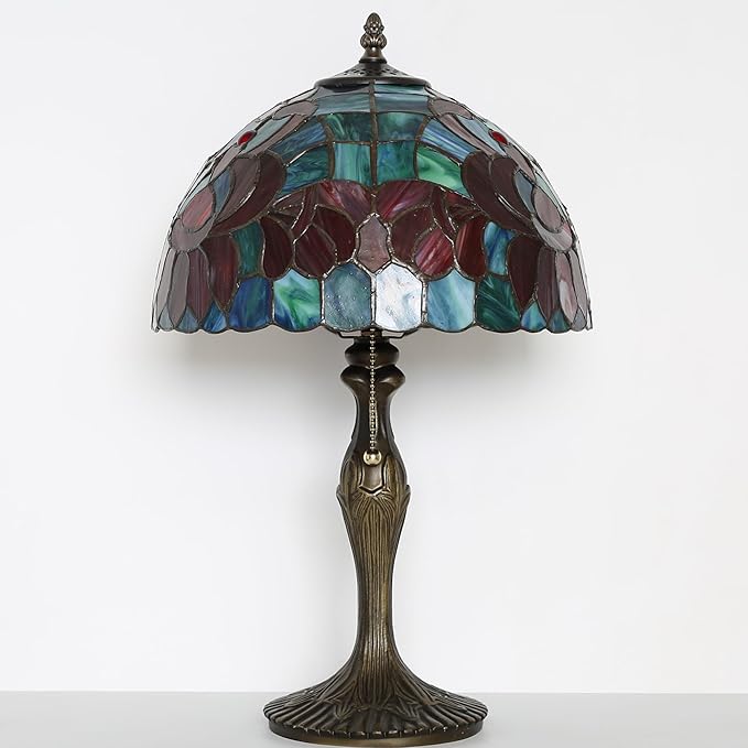 Tiffany Lamp Stained Glass Table Lamp Bedside Reading Lamp 12 x 19” Lotus Style Decorative Lamp for Desk Living Room Bedroom Study Office Light Home Decor Ambient Gift