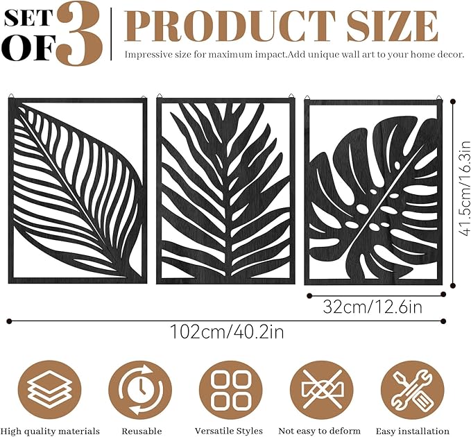 3PCS Black Tropical Wall Art, Wall Decor For Bedroom, Wall Art Decor Leaf Sign Walls Vintage Tropical Plant Wall Rustic Palm Leaf, Modern Wooden Walls Sculptures for for Living room, Bedroom, Office